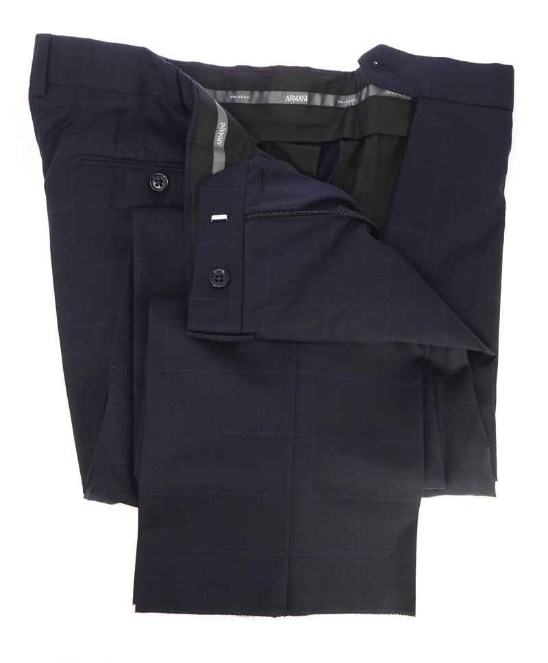 ARMANI COLLEZIONI - Plaid Check Windowpane Blue Flat Front Dress Pants - 36W