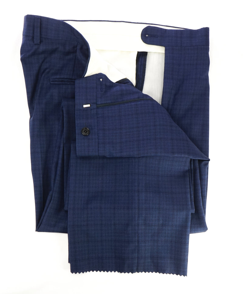 HICKEY FREEMAN - Blue Bold Plaid Check Wool Flat Front Dress Pants - 36W