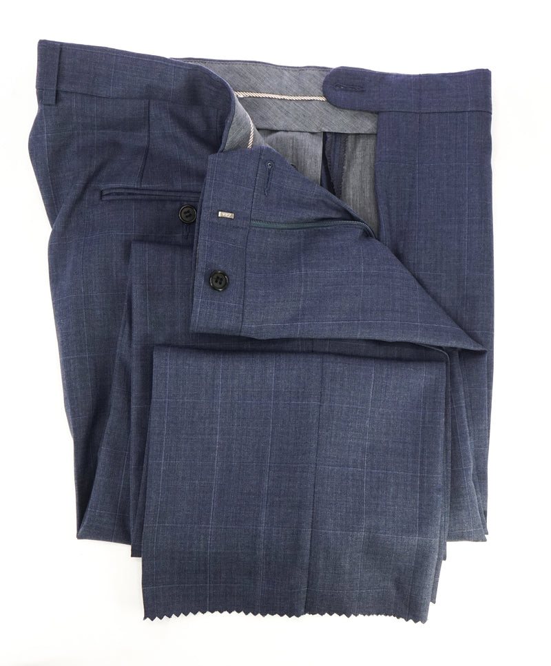 HICKEY FREEMAN - Pastel Blue Windowpane Plaid Wool Flat Front Dress Pants - 36W