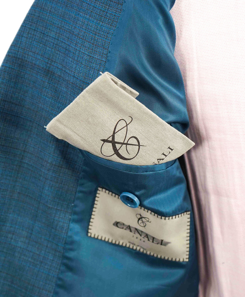 $1,895 CANALI - Teal Blue Abstract Check Wool Blazer - 44R