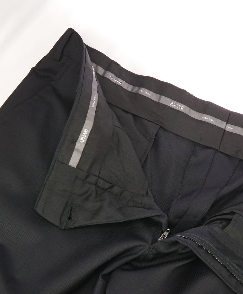 ARMANI COLLEZIONI - Black Textured Slim Check Flat Front Dress Pants - 36W