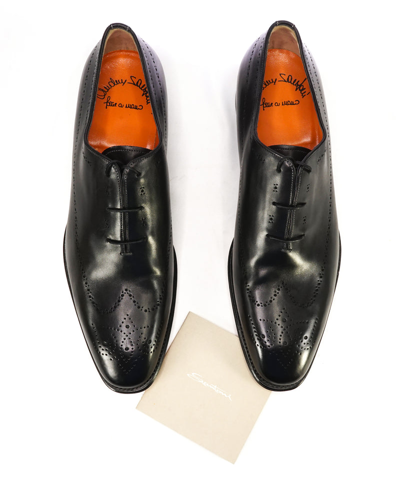 SANTONI - "Calvin" Fatte A Mano Wholecut Black Brogue Oxfords - 11.5US