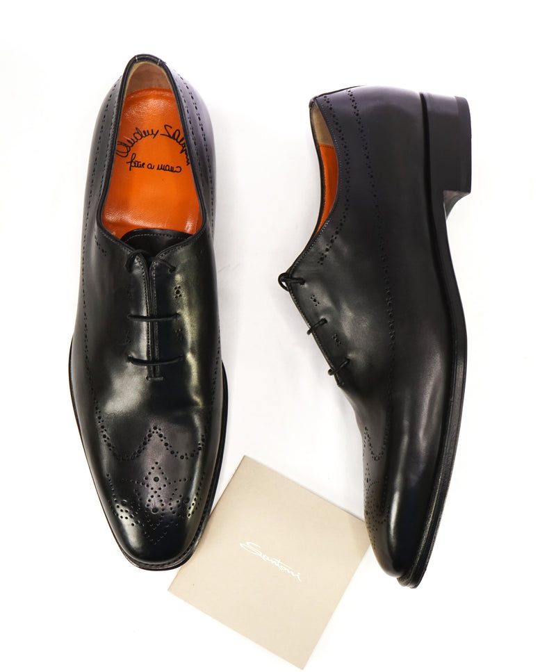 SANTONI - "Calvin" Fatte A Mano Wholecut Black Brogue Oxfords - 11.5US