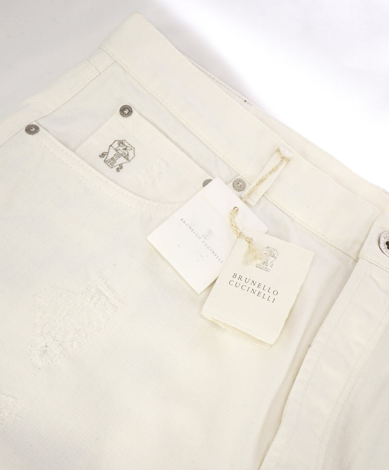 BRUNELLO CUCINELLI - Logo 5-Pocket White Distressed Jeans Leather Tag - 38W