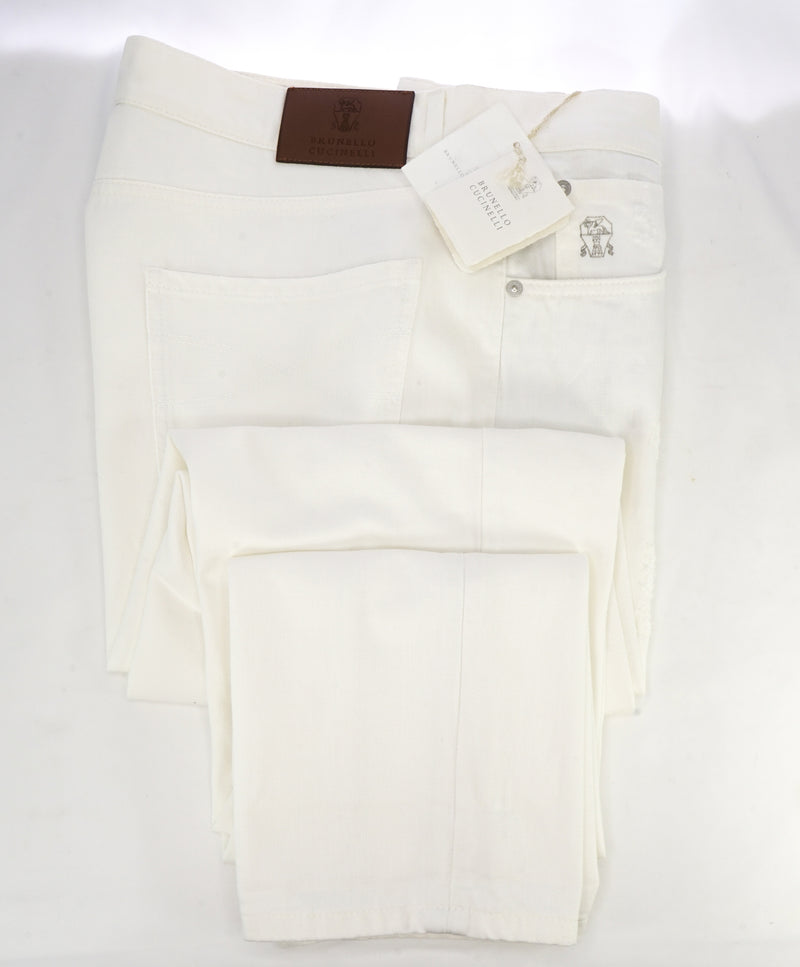 BRUNELLO CUCINELLI - Logo 5-Pocket White Distressed Jeans Leather Tag - 36W