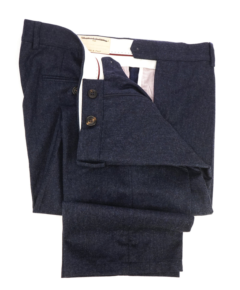 BRUNELLO CUCINELLI - Blue Melange Flannel Flat Front Dress Pants - 40W