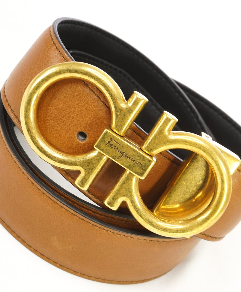 SALVATORE FERRAGAMO Distressed Gold Buckle Reversible Gancini Belt Luxe Hanger