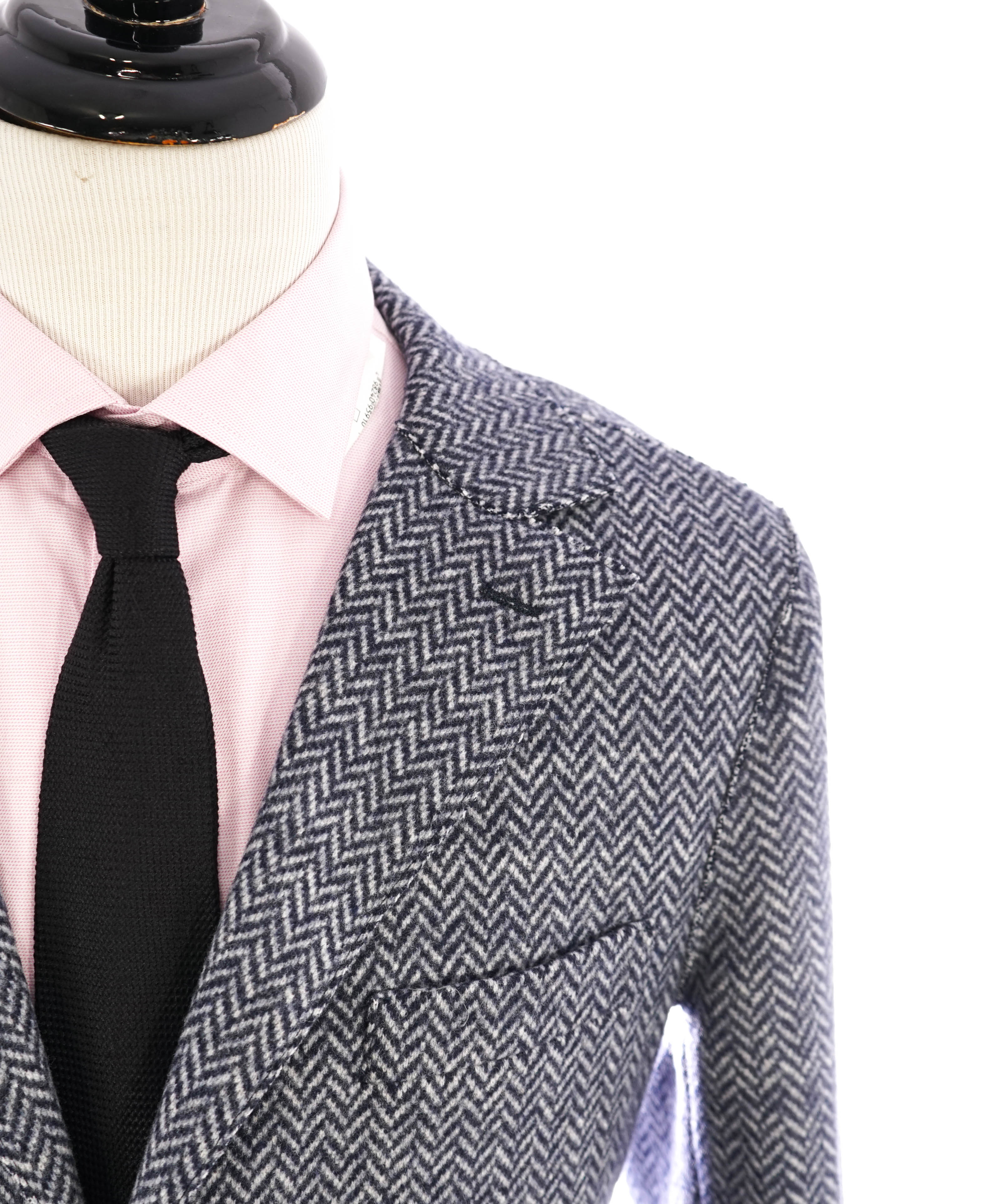 ELEVENTY - Blue Herringbone Suede Detail Logo Button Coat - 38R (48 EU)