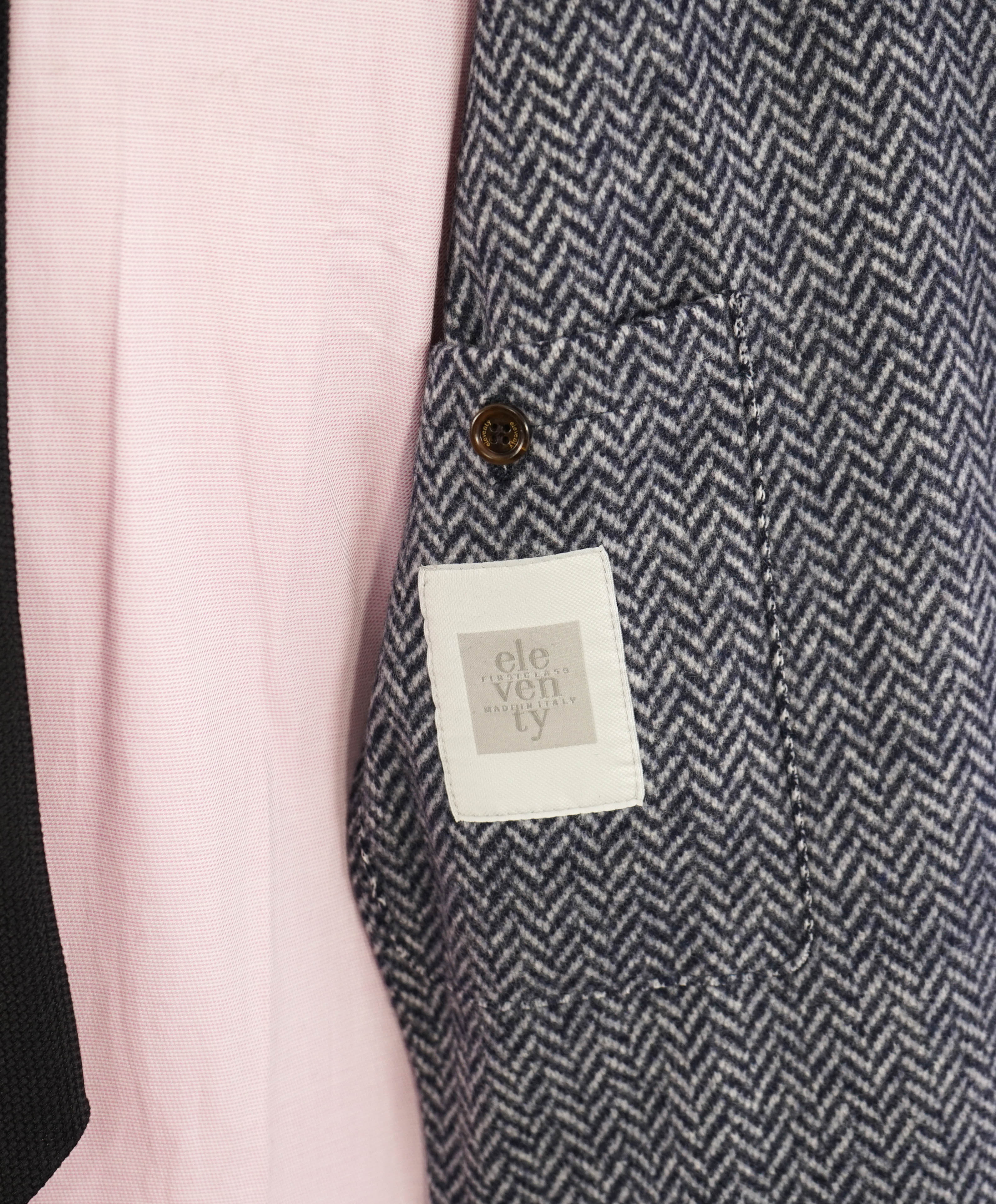 ELEVENTY - Blue Herringbone Suede Detail Logo Button Coat - 38R (48 EU)