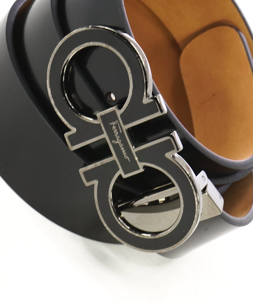 SALVATORE FERRAGAMO - Gloss Finish Black Gancini Buckle Leather Belt - 40W