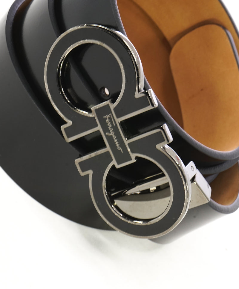 SALVATORE FERRAGAMO - Gloss Finish Black Gancini Buckle Leather