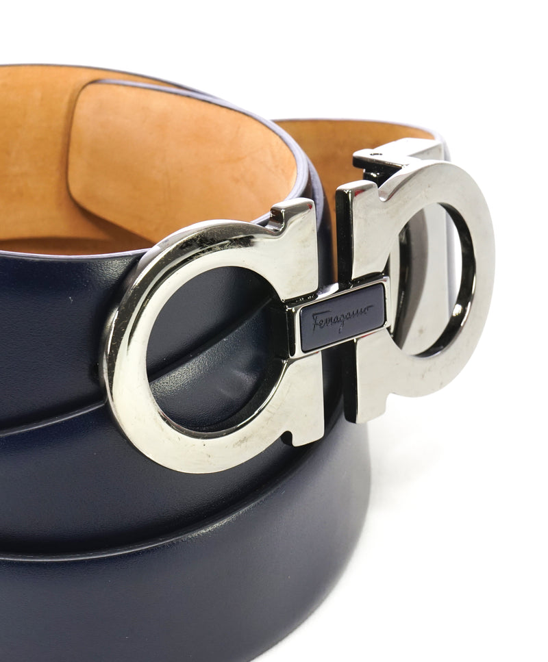 SALVATORE FERRAGAMO - Navy Blue Block Gancini Buckle Leather Belt - 36 –  Luxe Hanger