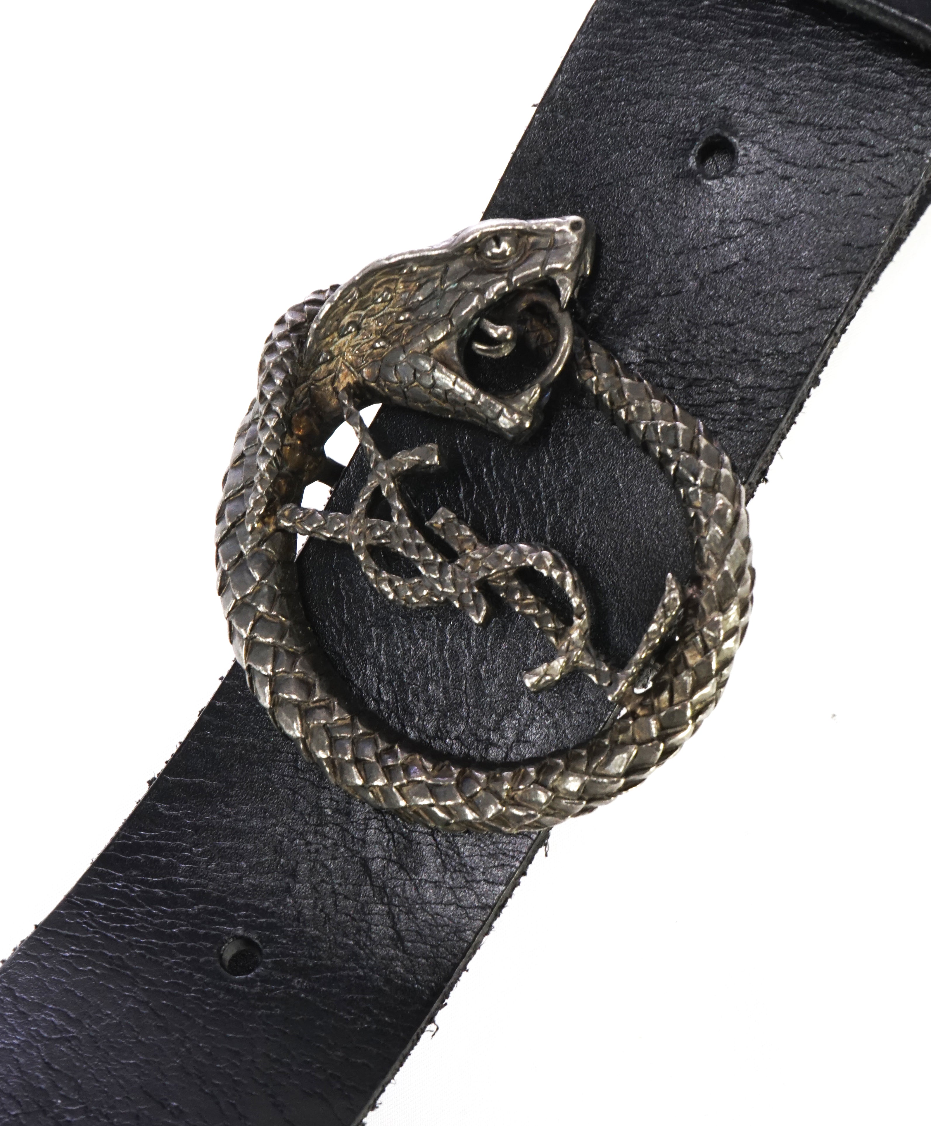 YVES SAINT LAURENT - YSL Black Distressed Leather SERPENT BUCKLE Belt -32W (80)