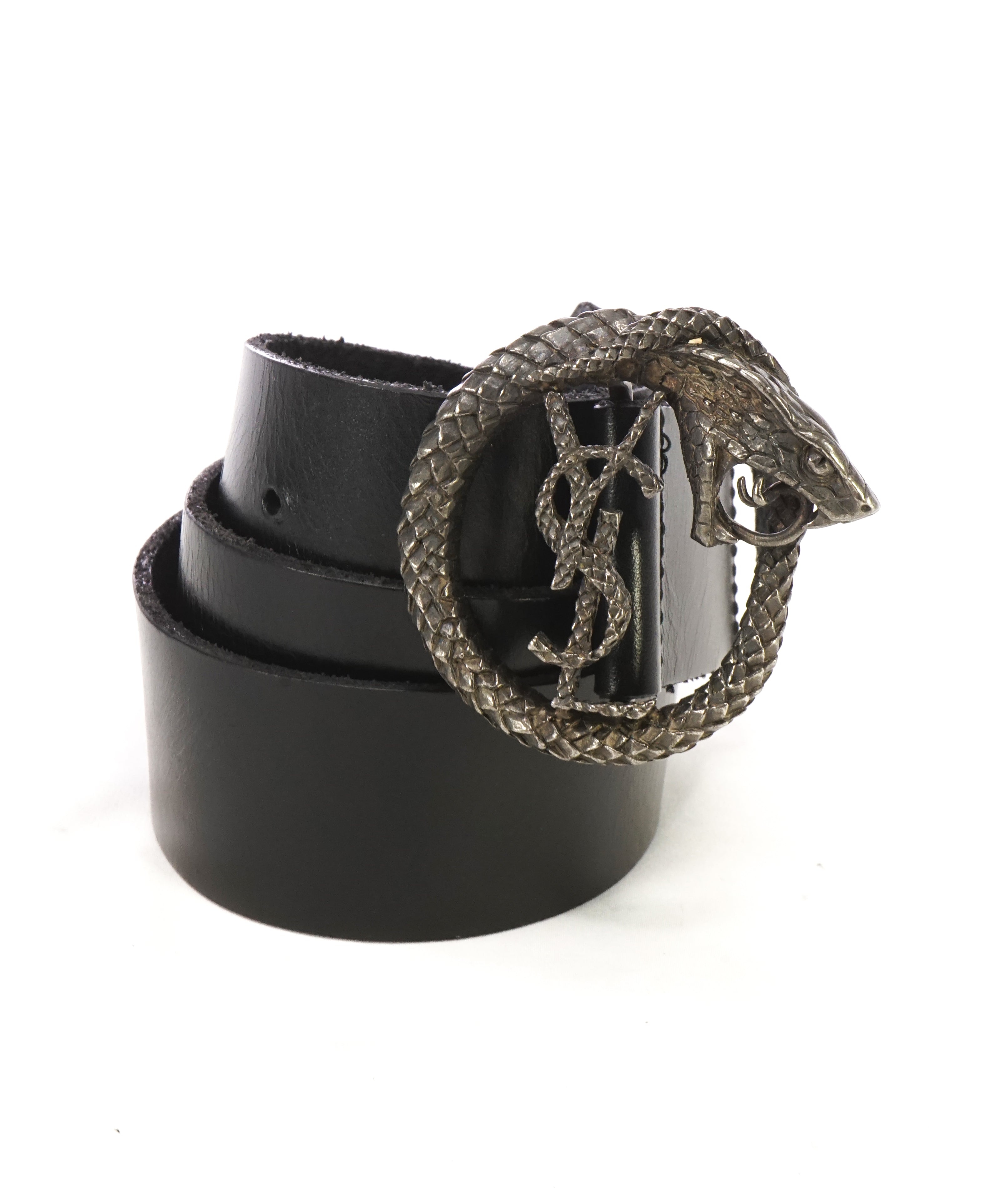 YVES SAINT LAURENT - YSL Black Distressed Leather SERPENT BUCKLE Belt -32W (80)