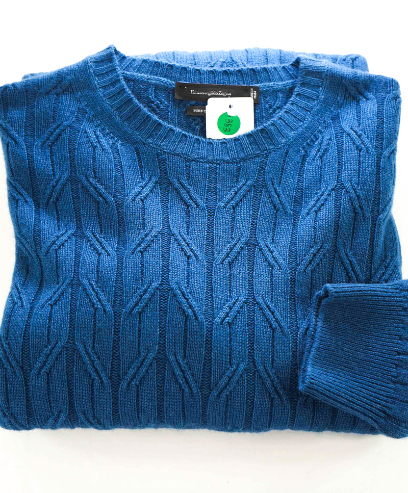 $2,000 ERMENEGILDO ZEGNA -*PURE CASHMERE*Blue Cable Knit Sweater- XXL 44