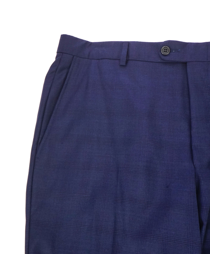 HICKEY FREEMAN - Bold Blue Plaid Check Flat Front Wool Dress Pants - 36W