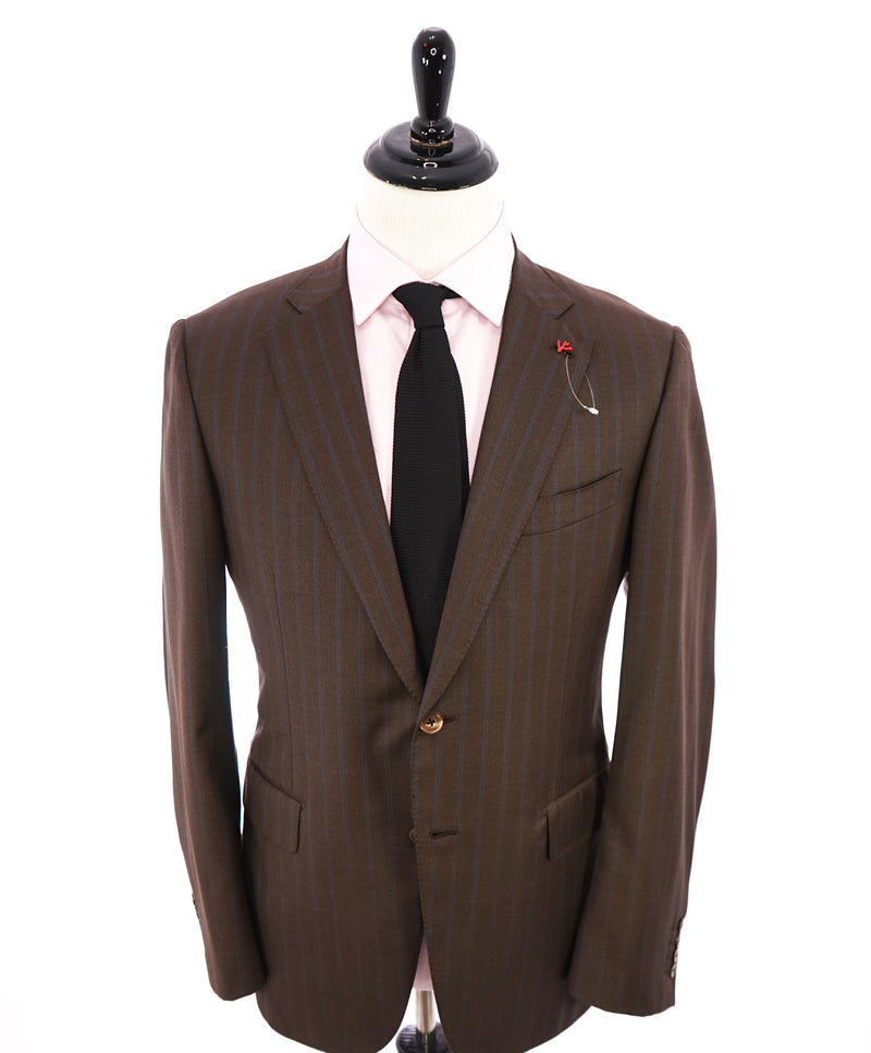 ISAIA - Brown & Blue Stripe CORAL PIN Suit With Logo Detailing - 42R