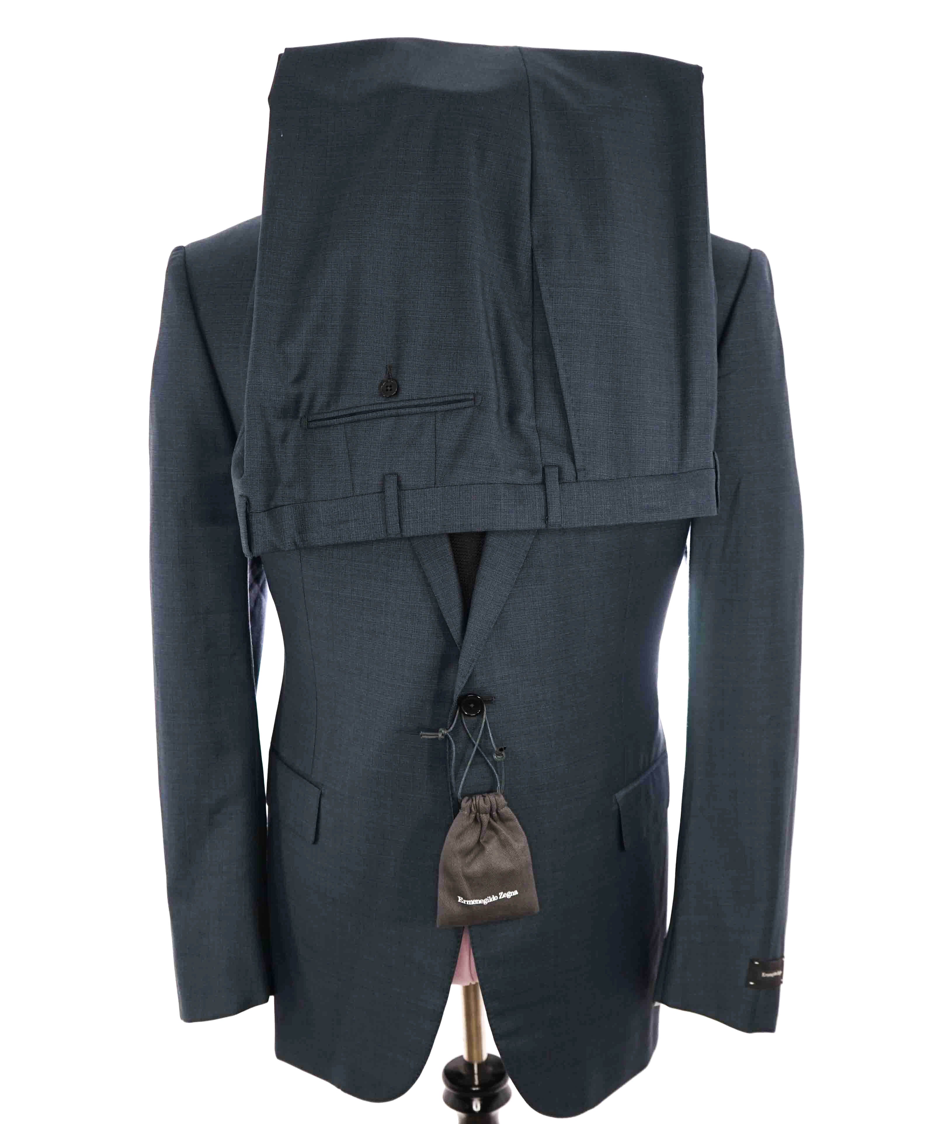 $3,995 ERMENEGILDO ZEGNA -"TROFEO" Teal Blue Abstract Check Suit - 48R