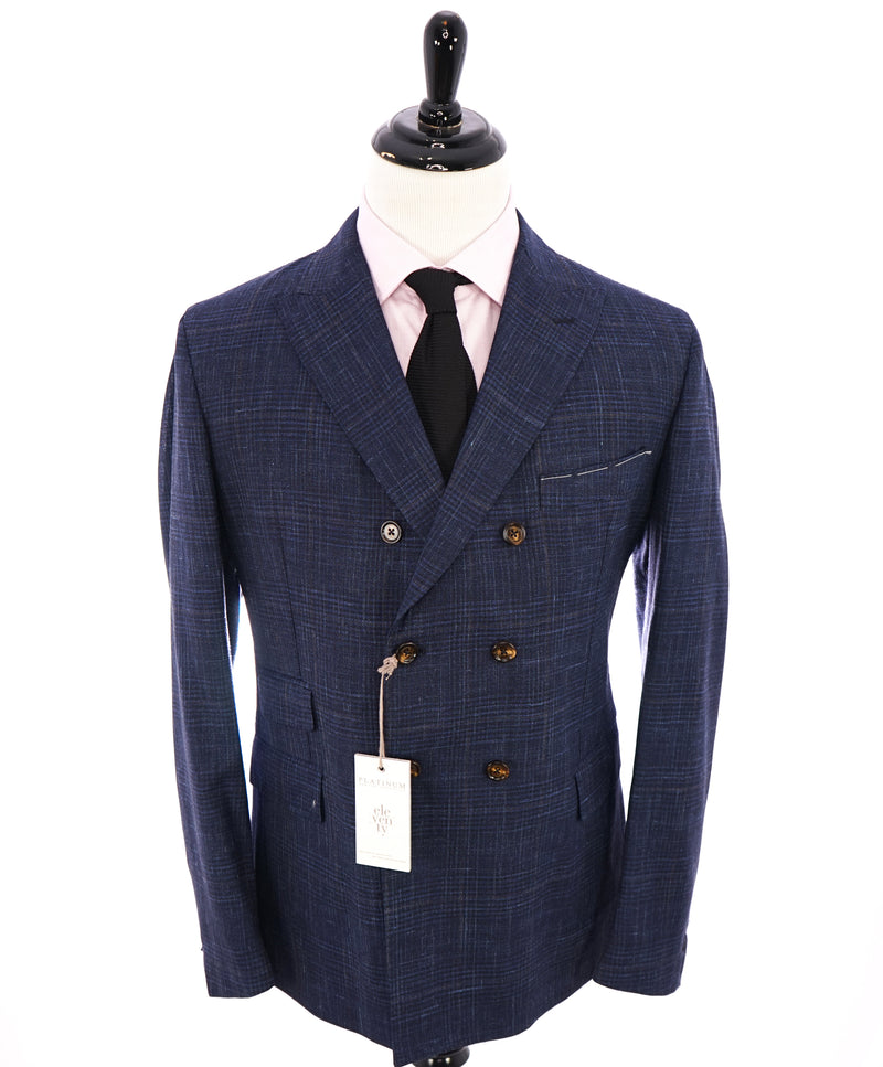 ELEVENTY -  "PLATINUM" Hand Made Double Breasted Blue SILK/LINEN Suit - 44R