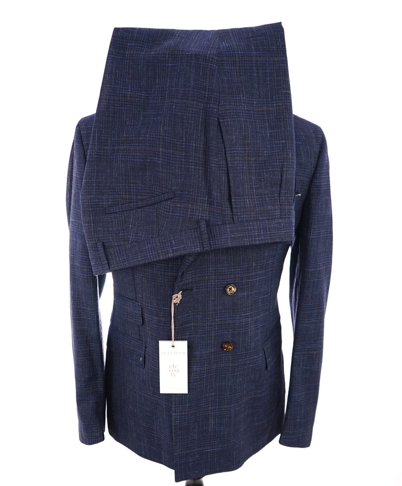 ELEVENTY - "PLATINUM" Hand Made Double Breasted Blue SILK/LINEN Suit - 44R