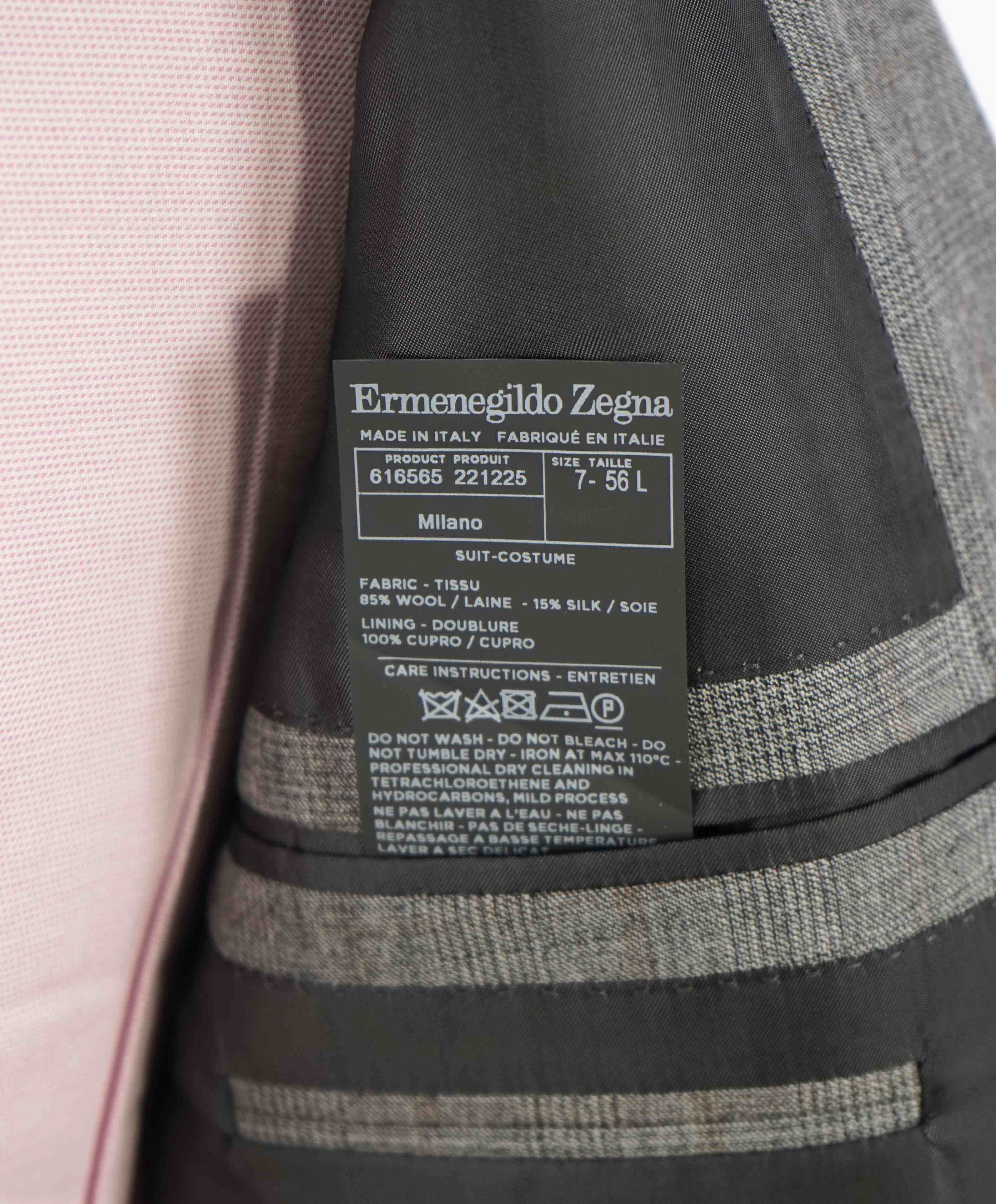 $4,690 ERMENEGILDO ZEGNA -"TROFEO 600" SILK Gray/Camel Check Suit - 46L
