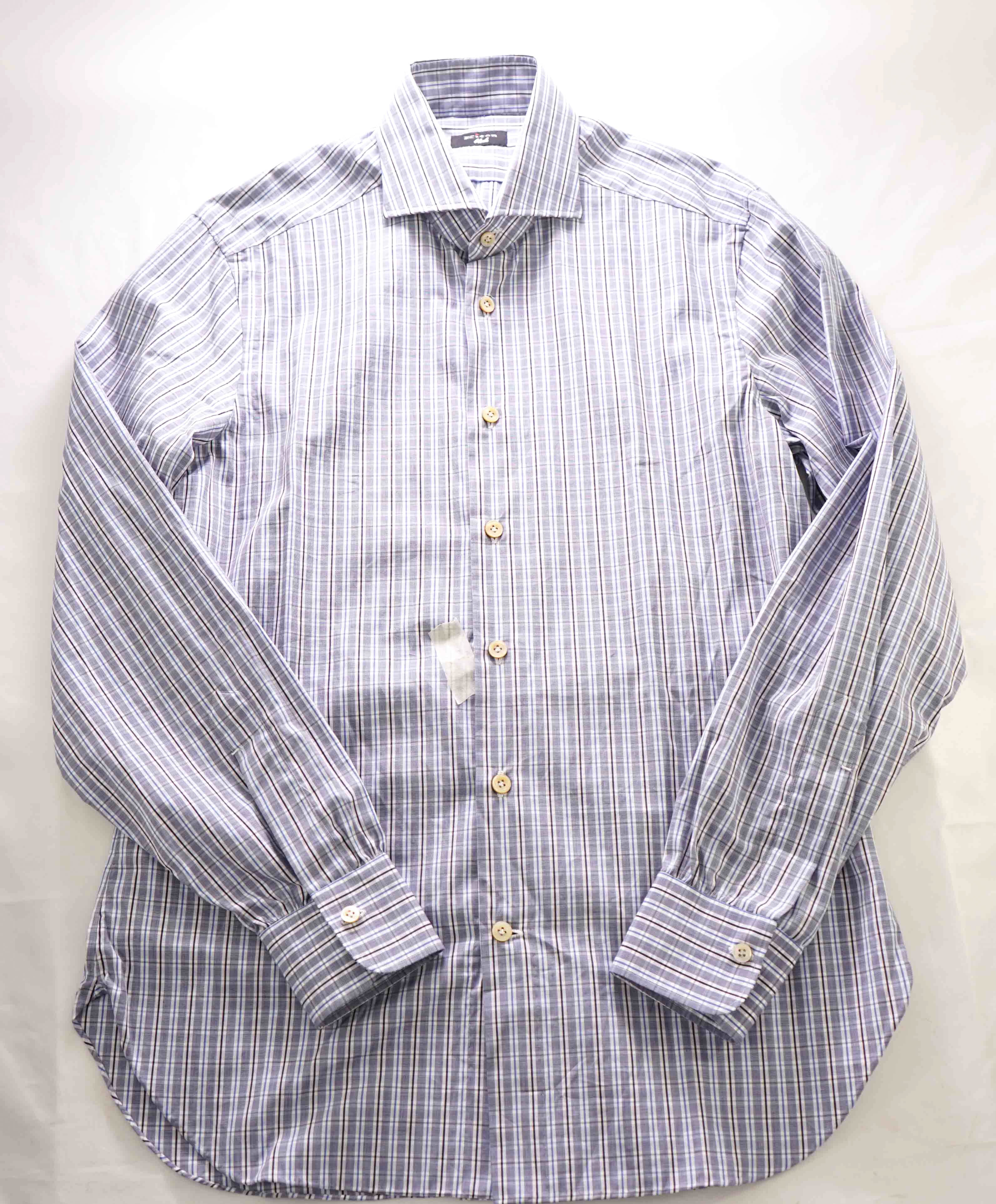 $995 KITON - BLACK Gray/Blue Check CUTAWAY Collar Button Down Shirt - 15.5 39