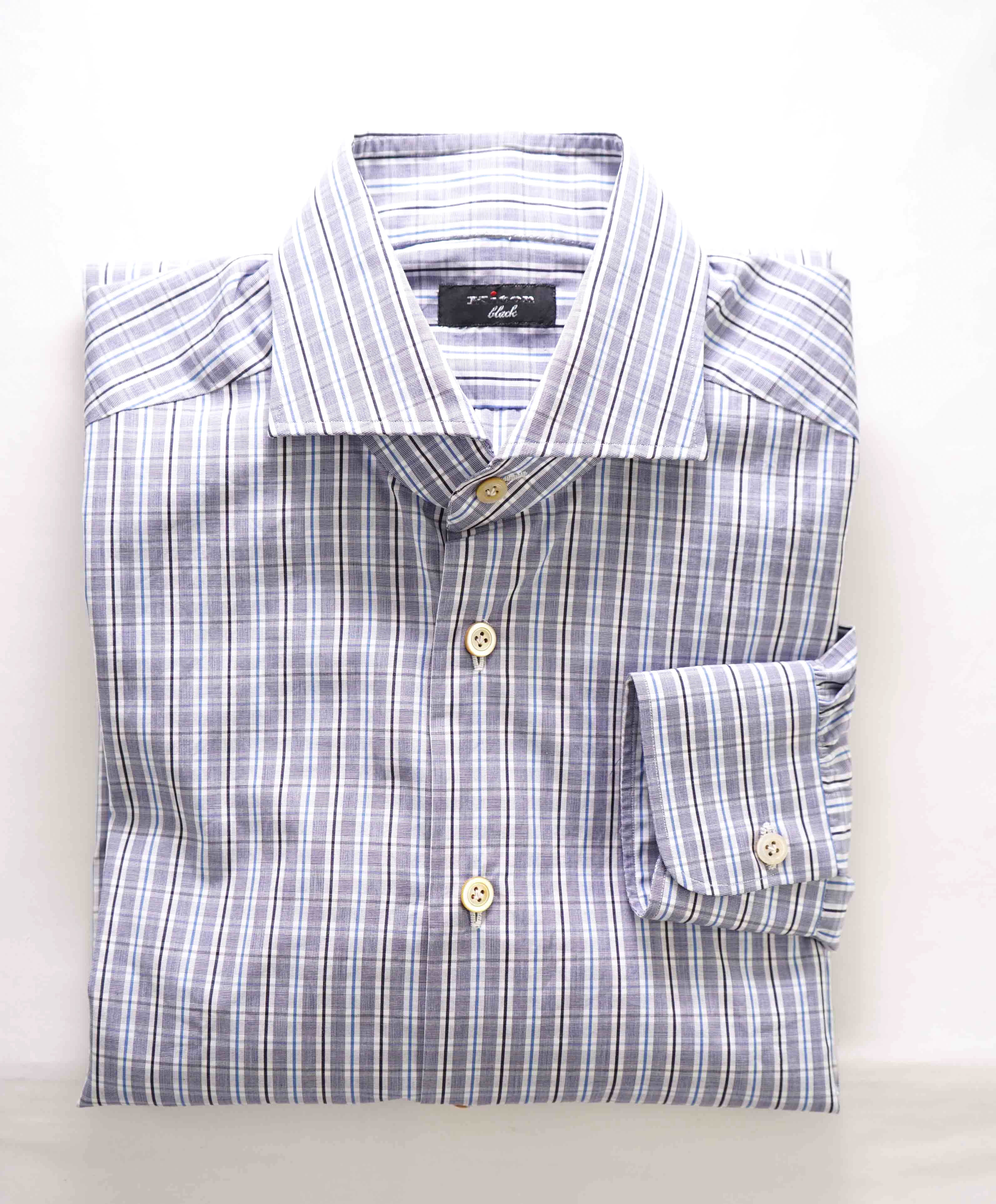 $995 KITON - BLACK Gray/Blue Check CUTAWAY Collar Button Down Shirt - 15.5 39