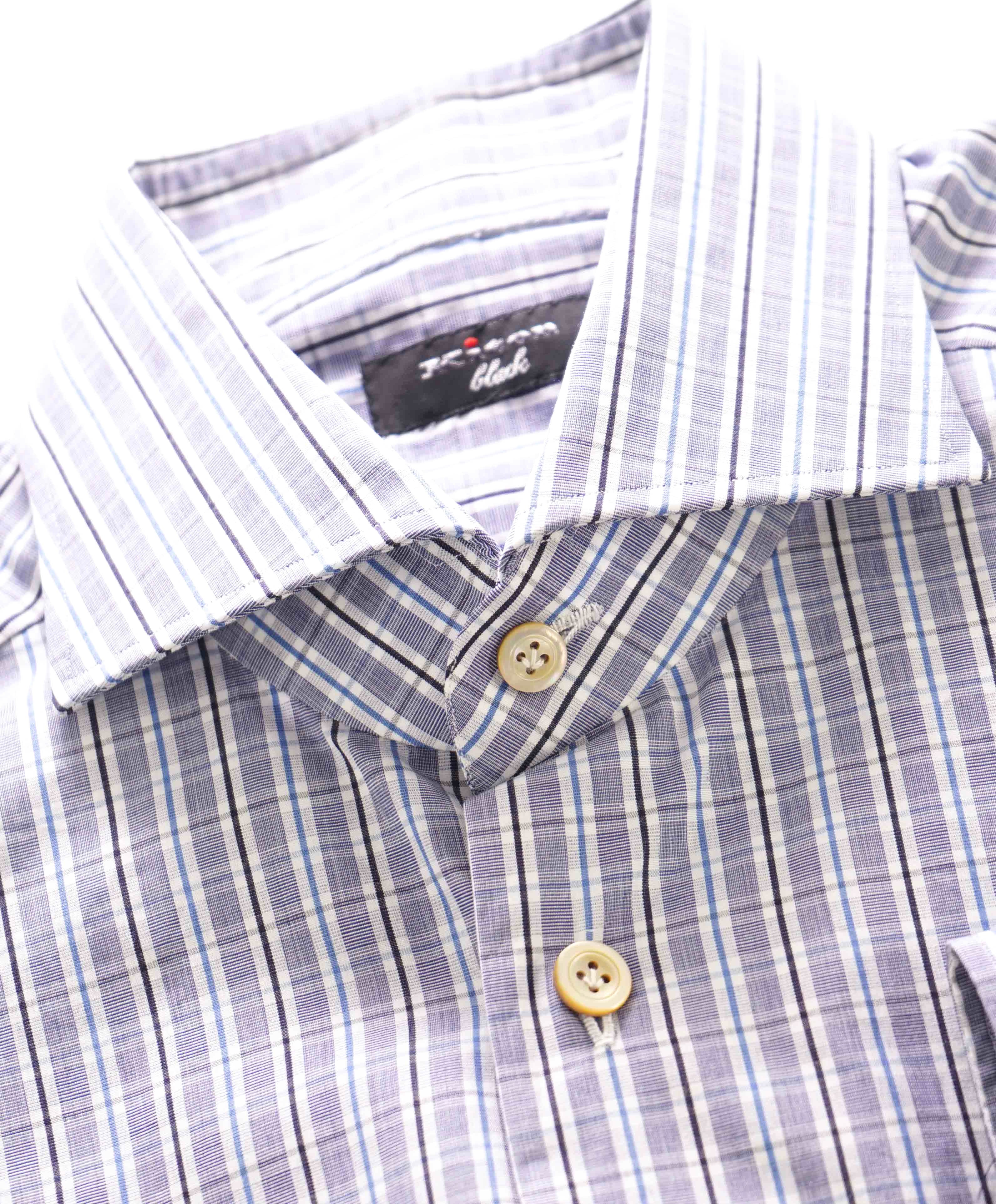 $995 KITON - BLACK Gray/Blue Check CUTAWAY Collar Button Down Shirt - 15.5 39