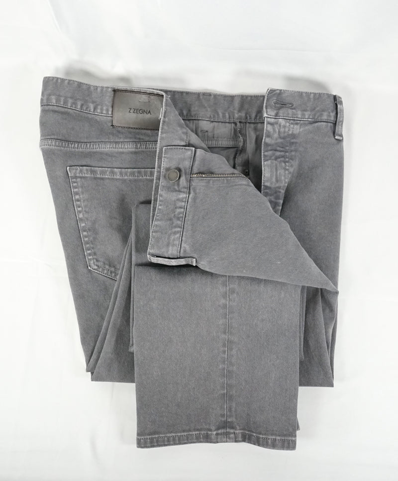 Z Zegna - Gray Washed 5-Pocket Twill Weave Logo Pants Jeans - 38W