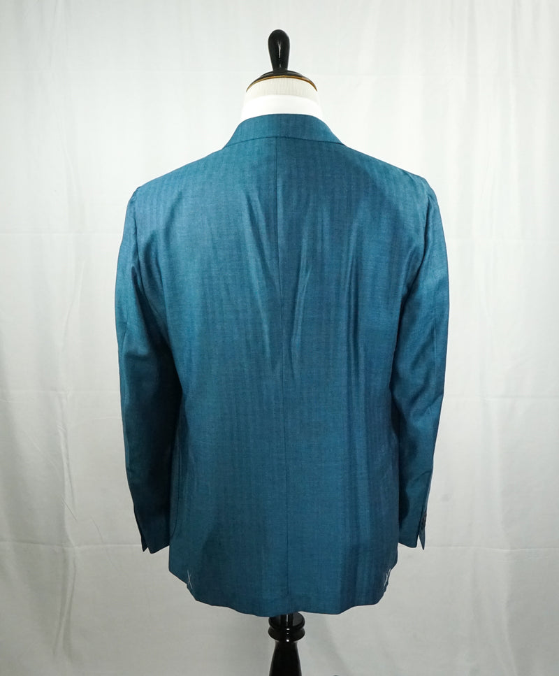 ERMENEGILDO ZEGNA - Teal Blue Herringbone “95% Cashmere & Silk” Blazer - 46R