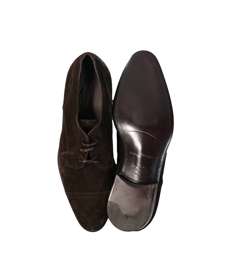 ERMENEGILDO ZEGNA - Brown Suede Round Toe Cap-Toe Oxfords - 12