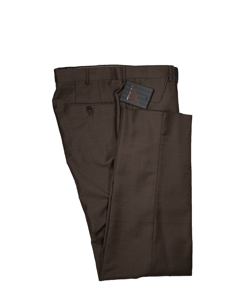 ERMENEGILDO ZEGNA - Medium Brown “TROFEO" Flat Front Wool Trousers  - 35W