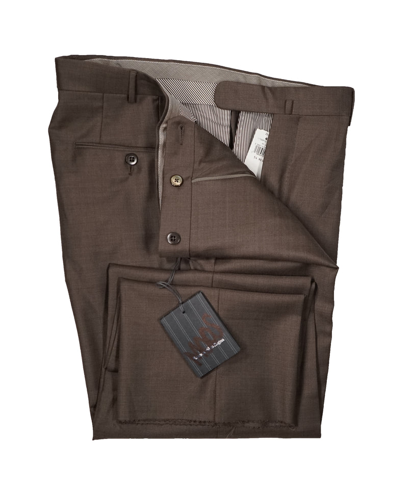 ERMENEGILDO ZEGNA - Medium Brown “TROFEO" Flat Front Wool Trousers  - 35W