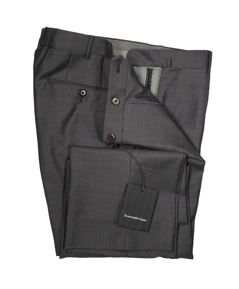 ERMENEGILDO ZEGNA - Medium Gray “TROFEO" Flat Front Wool Trousers  - 35W
