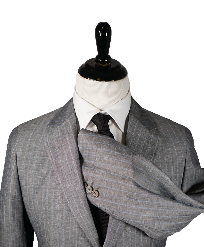 FACONNABLE - Gray & Blue Chalk Stripe Linen Blend Suit - 38S