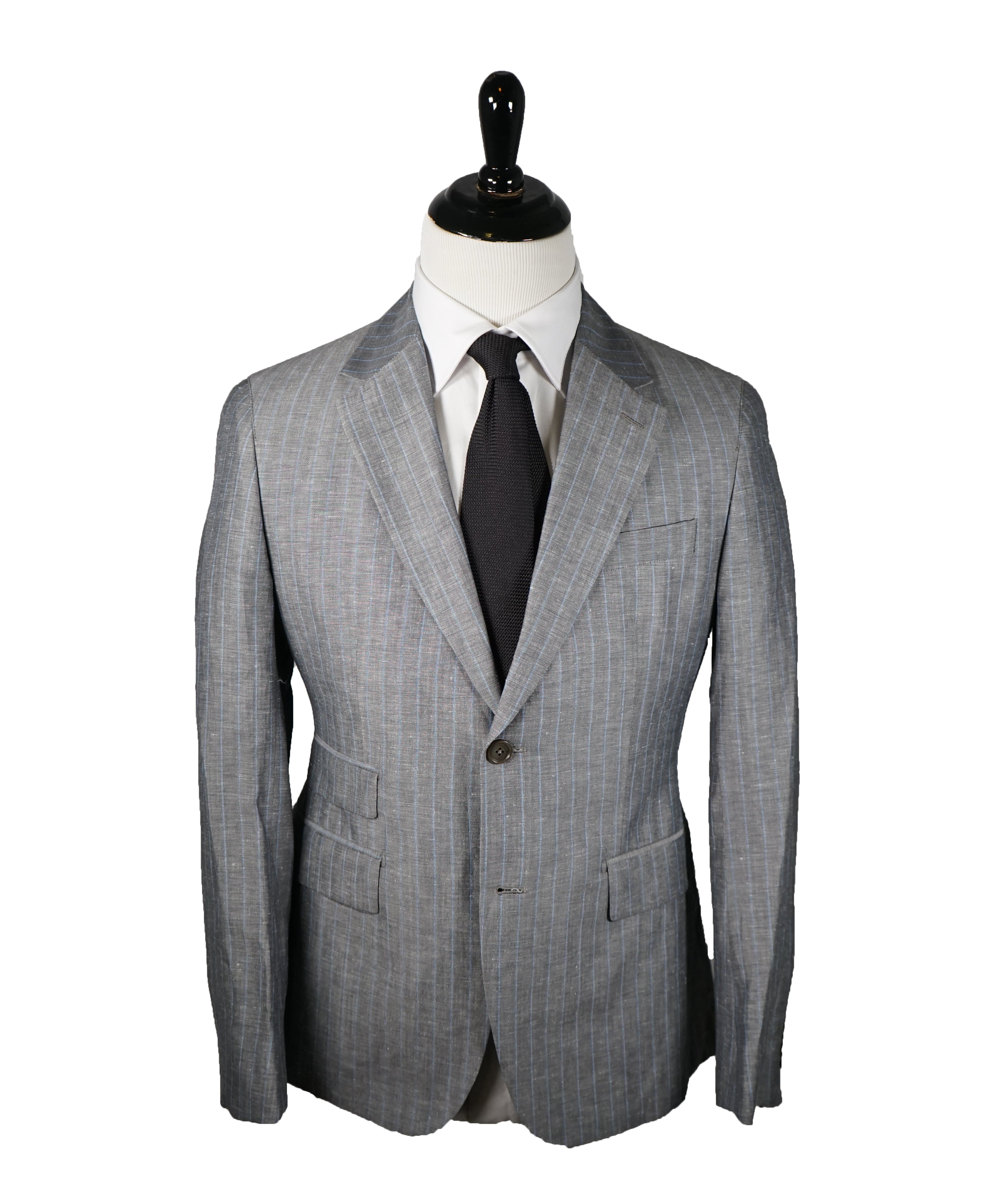 FACONNABLE - Gray & Blue Chalk Stripe Linen Blend Suit - 38S