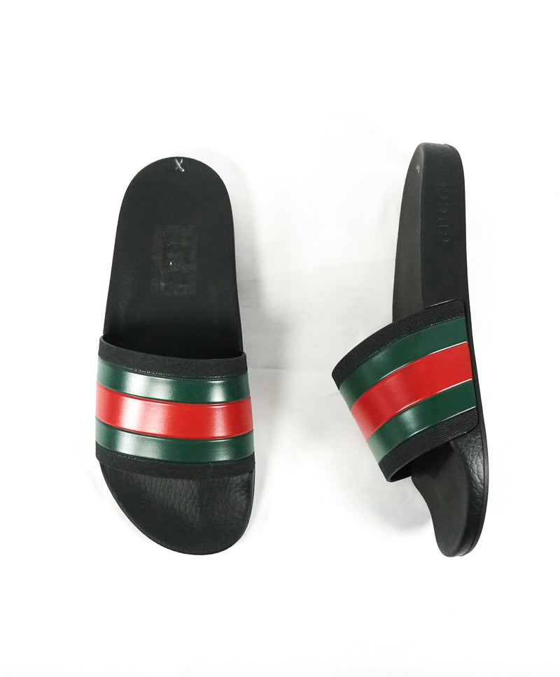 GUCCI - Iconic Green & Red Stripe Slides "72" Black Slippers - 9