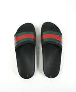 GUCCI - Iconic Green & Red Stripe Slides "72" Black Slippers - 9