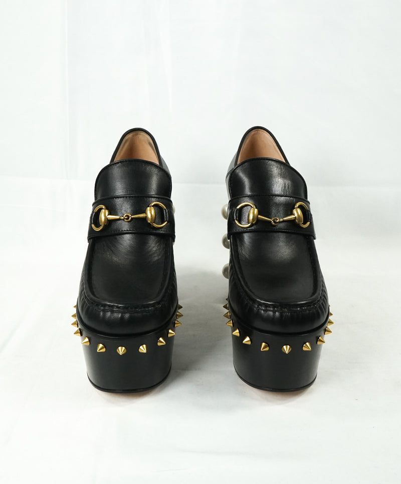 GUCCI - "Vegas" Spike Platform Heel With Gold GG Logo Pearls - 8
