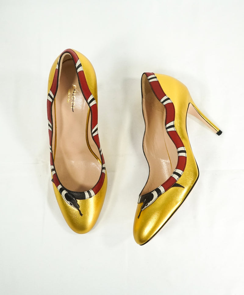 GUCCI - KingSnake Snake Gold Current High Heel Pumps- 7.5