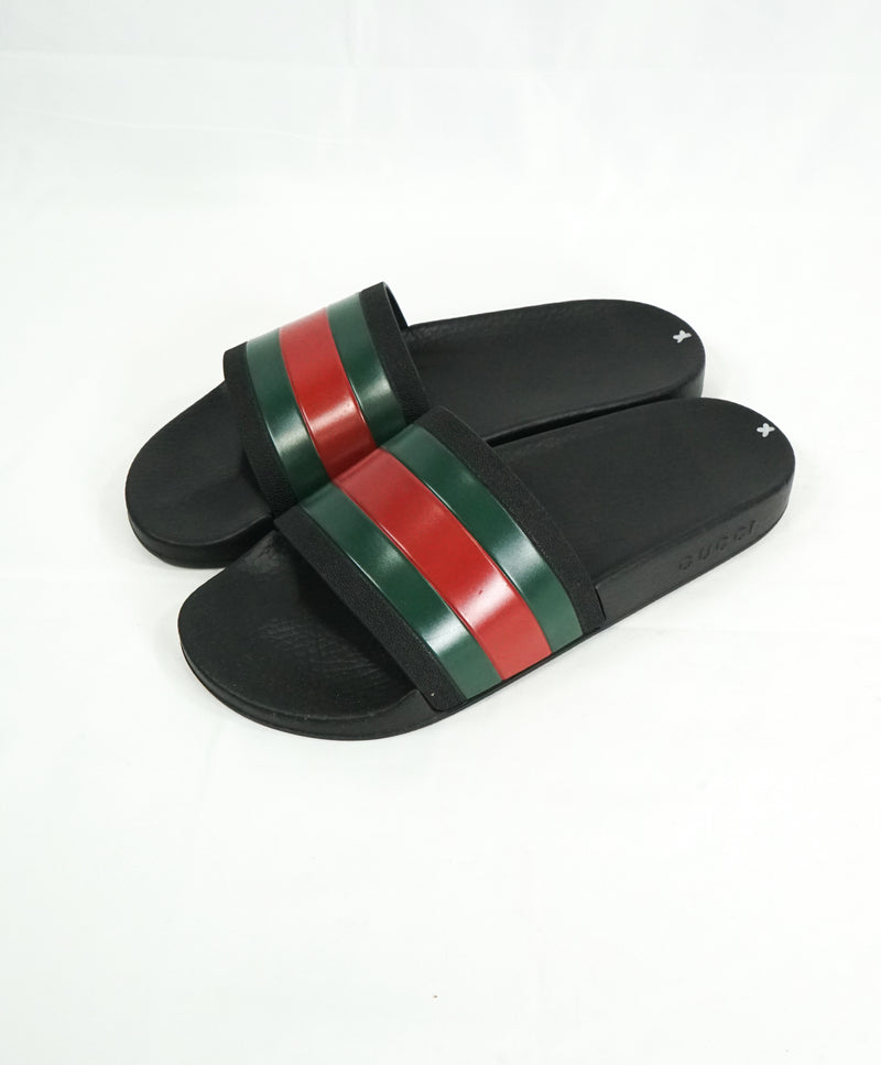 GUCCI -Iconic Green & Red Stripe Slides "72" Black Slippers - 8