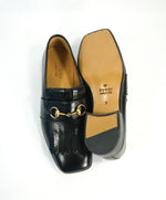 GUCCI - "Malaga" Kid Polly Kiltie Black & Gold Horsebit Fringe Loafers - 7