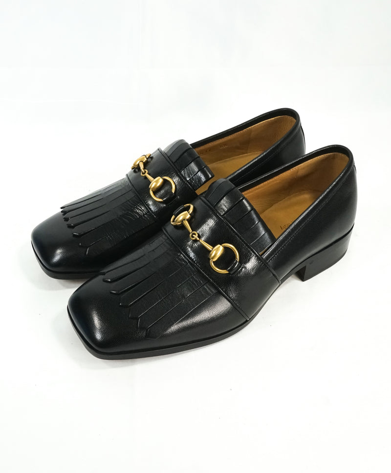 GUCCI - "Malaga" Kid Polly Kiltie Black & Gold Horsebit Fringe Loafers - 7