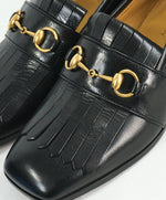 GUCCI - "Malaga" Kid Polly Kiltie Black & Gold Horsebit Fringe Loafers - 7US (6.5G)
