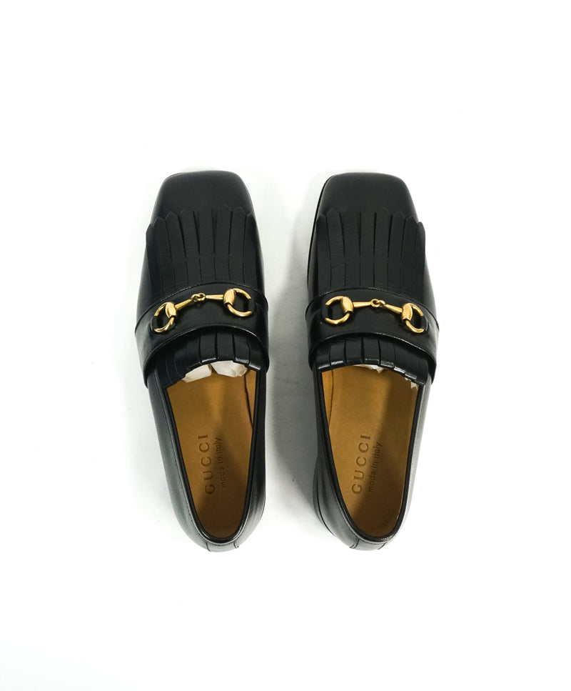 GUCCI Malaga Kid Polly Kiltie Black Gold Horsebit Fringe Loafers Luxe Hanger