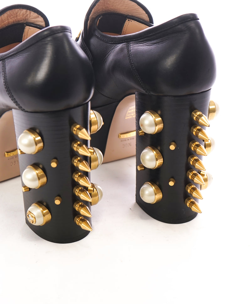 GUCCI - "Vegas" Spike Platform Heel With Gold GG Logo Pearls - 8.5