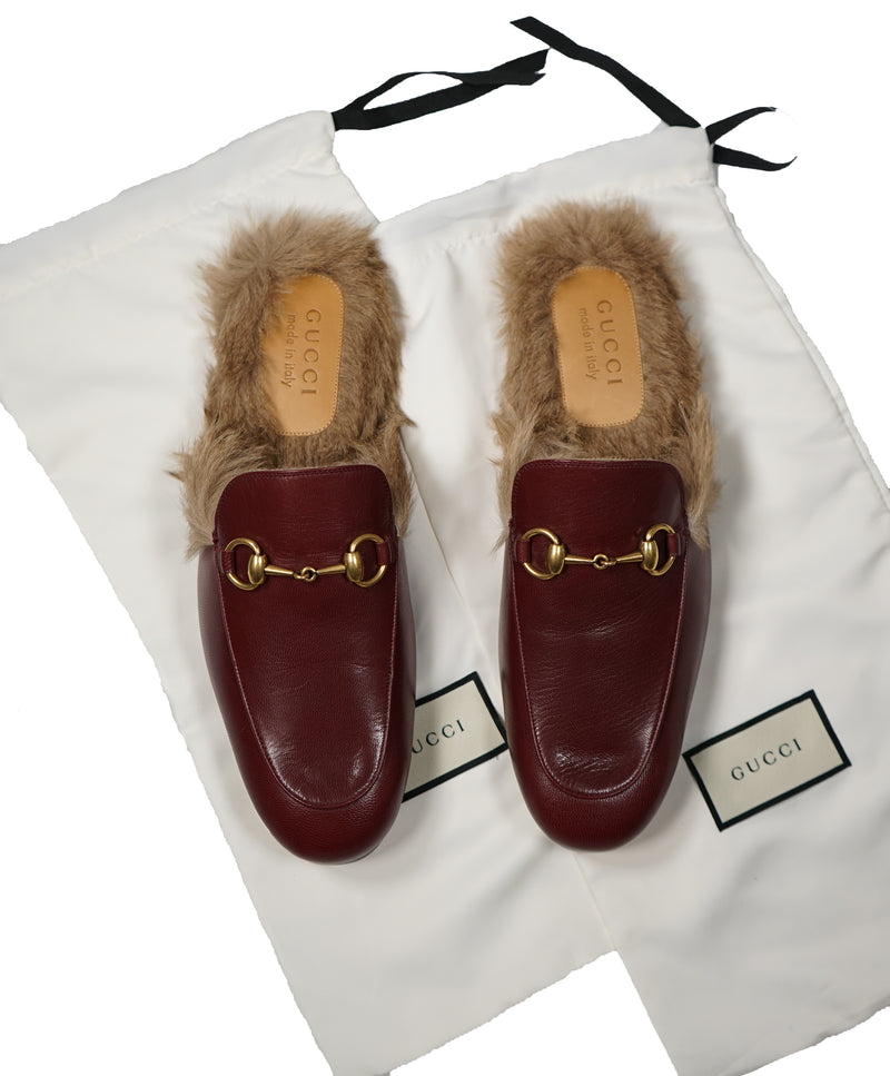 GUCCI - "Princeton" Fur Lined Open Back Loafers Slides Burgundy - 10US