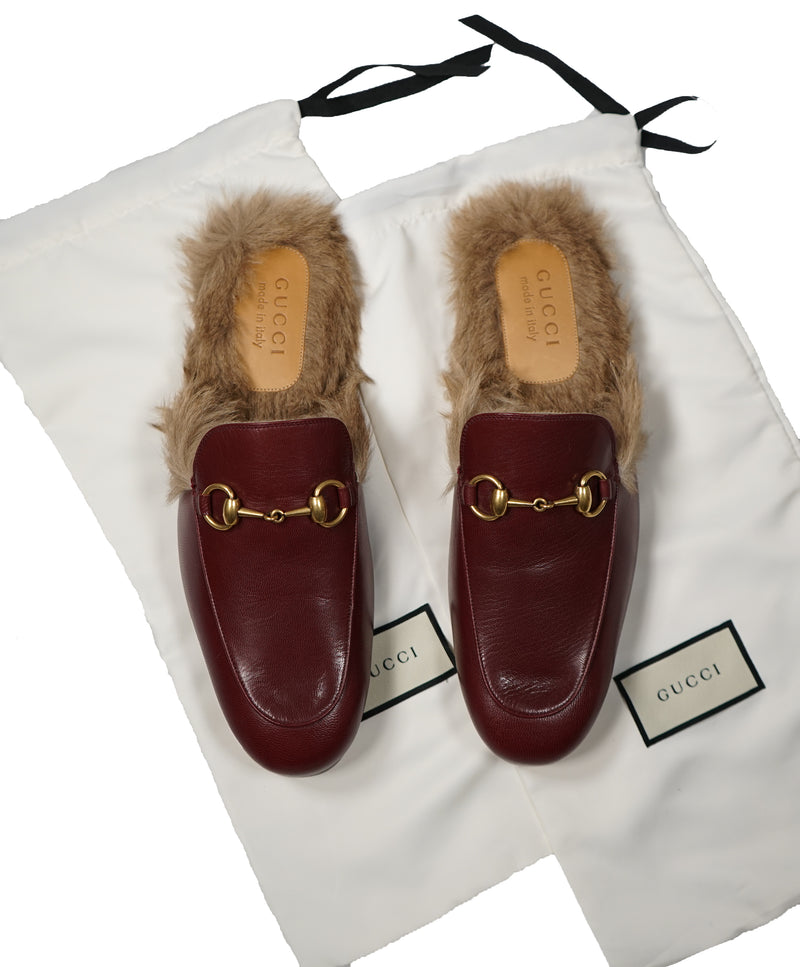 GUCCI Princeton Fur Lined Open Back Loafers Slides Burgundy 10.5 Luxe Hanger