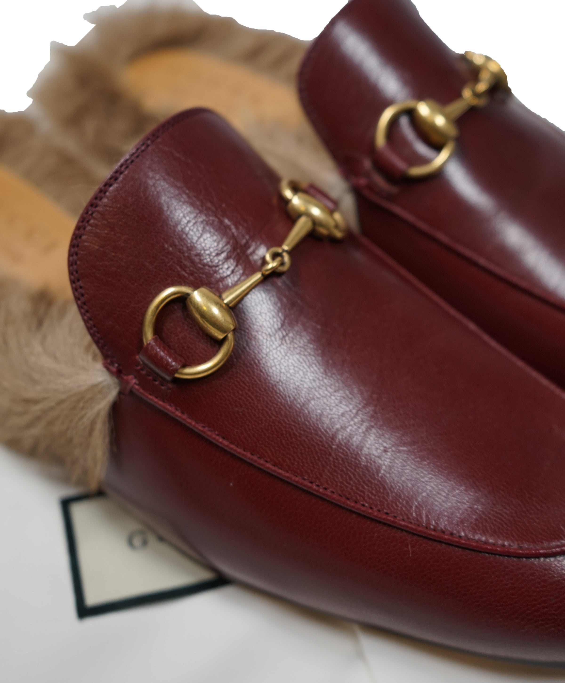 GUCCI - "Princeton" Fur Lined Open Loafers Slides Burgundy - 10.5 – Hanger