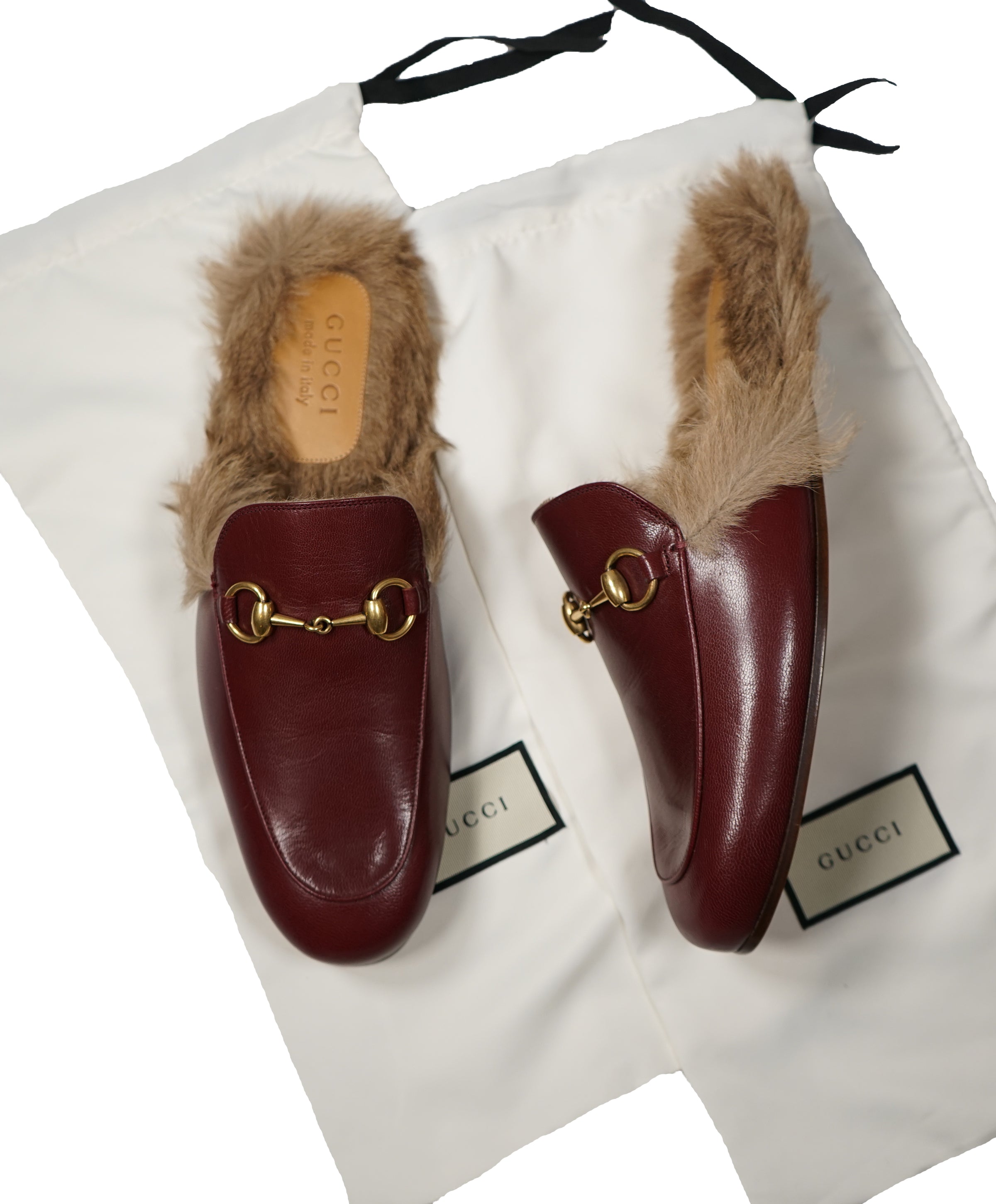 GUCCI - "Princeton" Fur Lined Open Loafers Slides Burgundy - 10.5 – Hanger